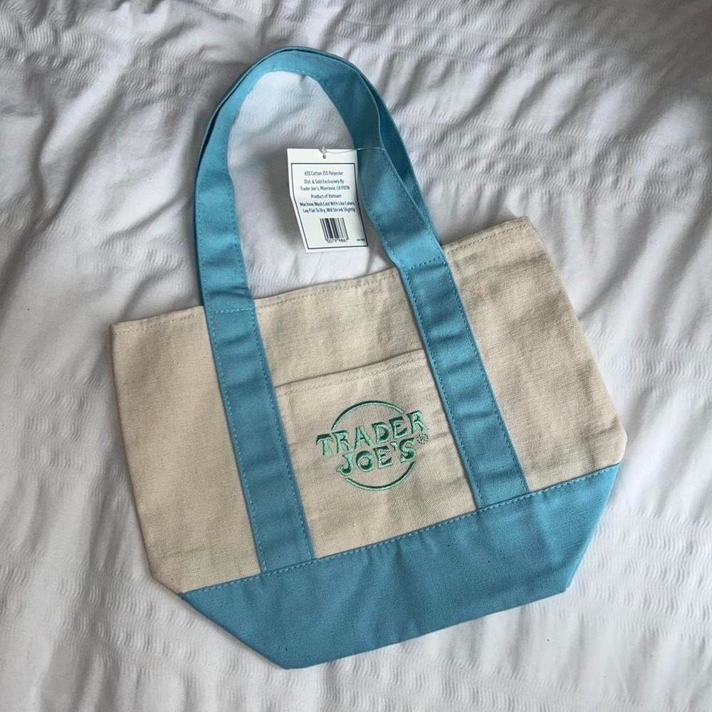 Trader Joe's Mini Pastel Canvas Tote Bag Light Blue Cream Limited Edition NWT